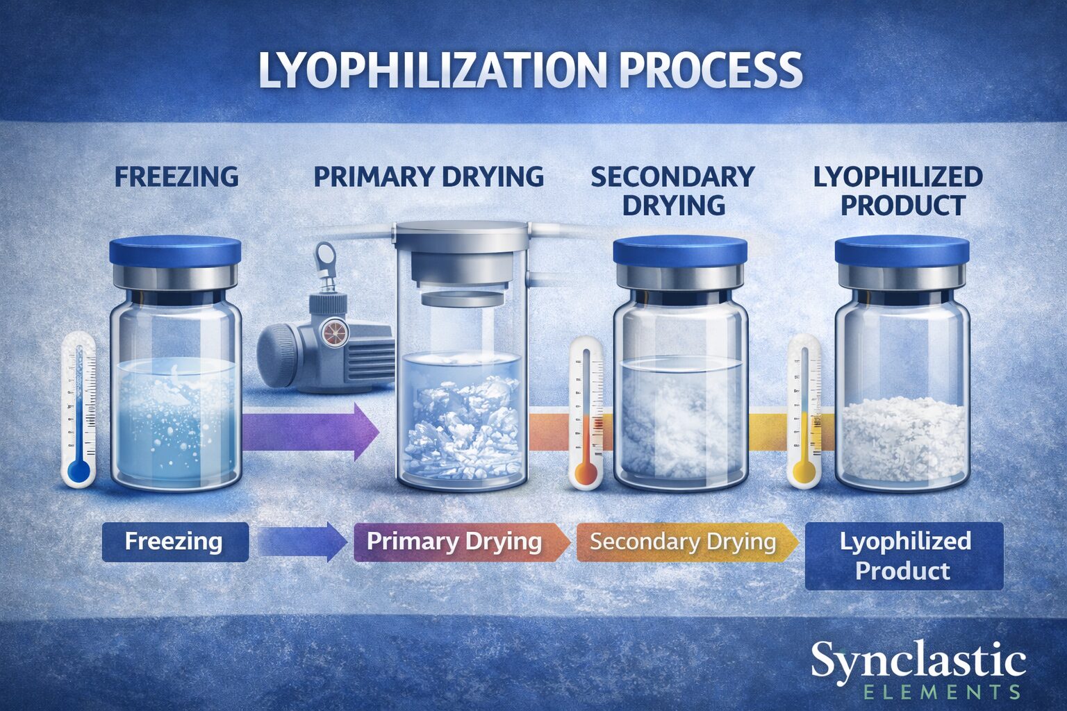 Lyophilization process diagram showing freezing, vacuum drying, and dry peptide material